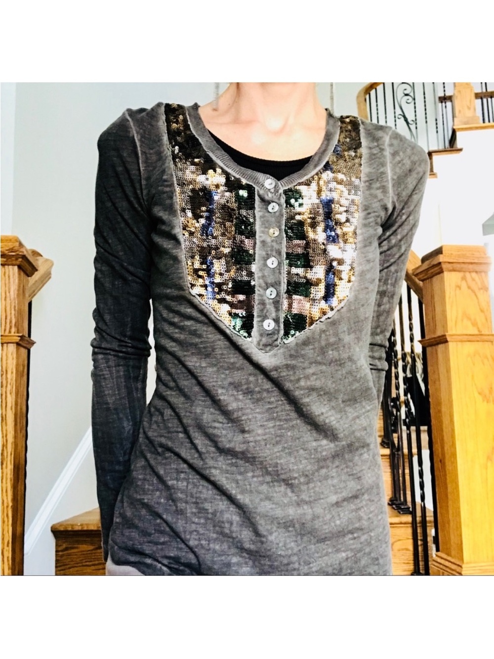Free People Gray Long Sleeve Henley with Multicolor Sequin Bib